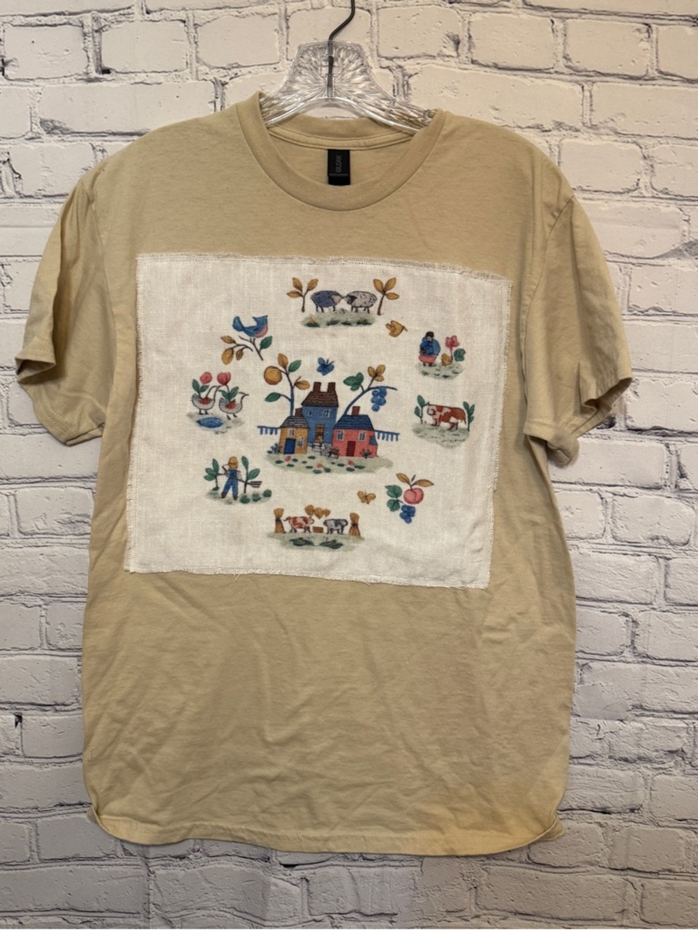 Cottagecore Tan Short Sleeve Tee with Farm Scene